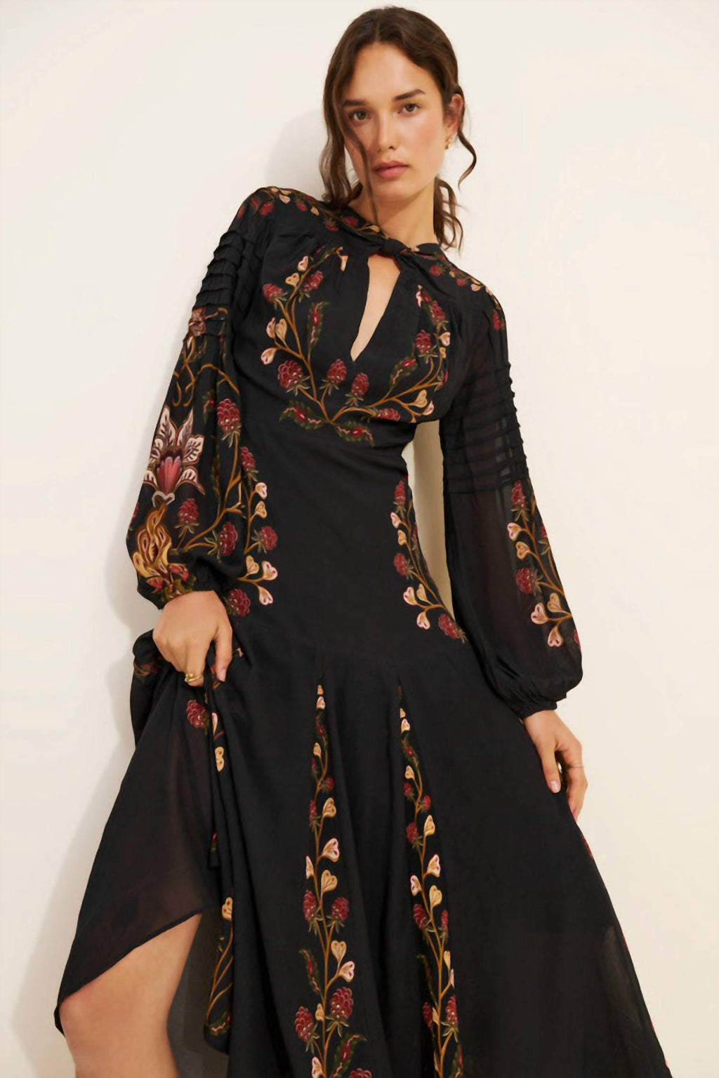 Farm Rio - Berry Garden Long Sleeve Pleated Maxi Dress