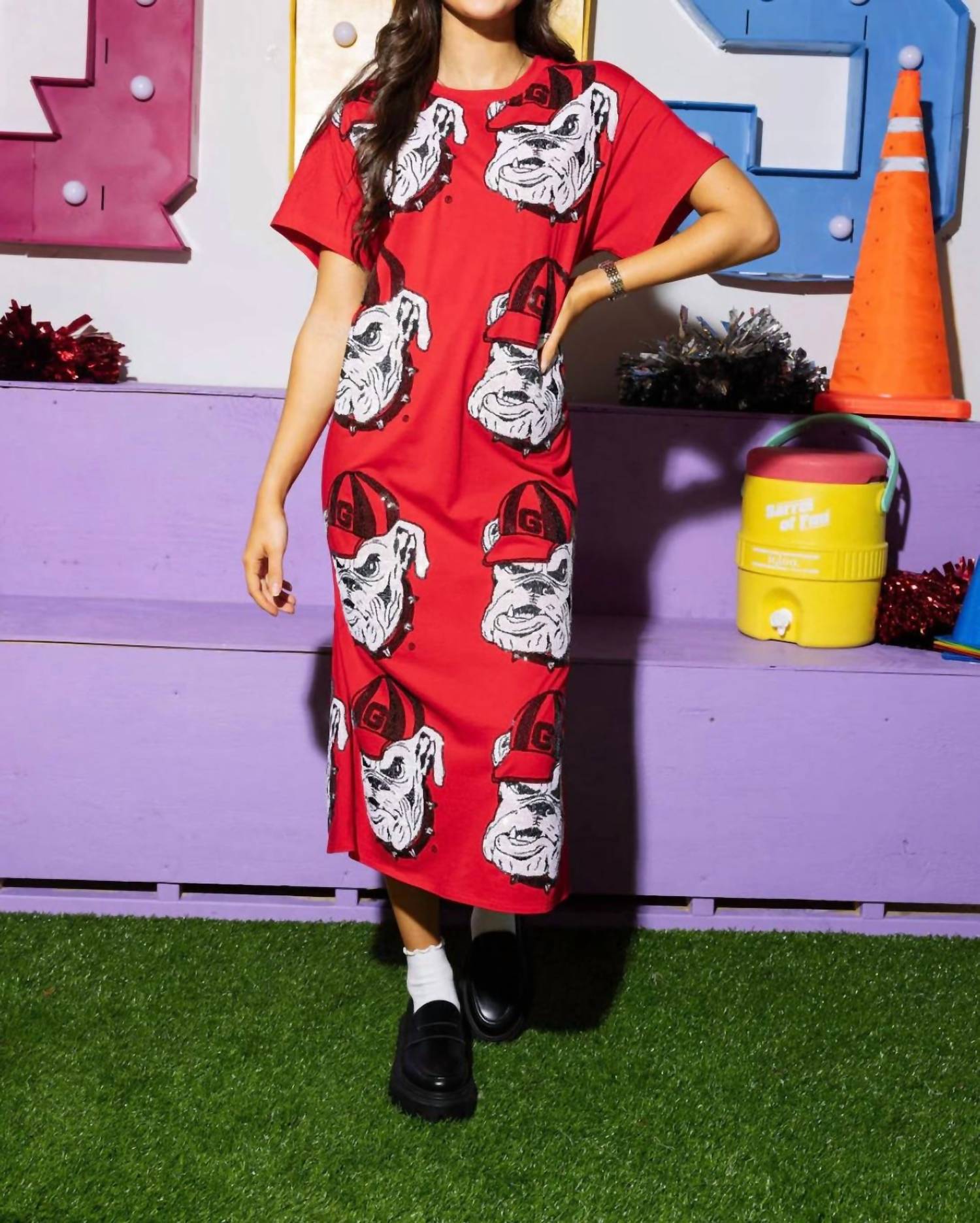 Queen Of Sparkles - Sequin Bulldog Head Midi Tee Dress