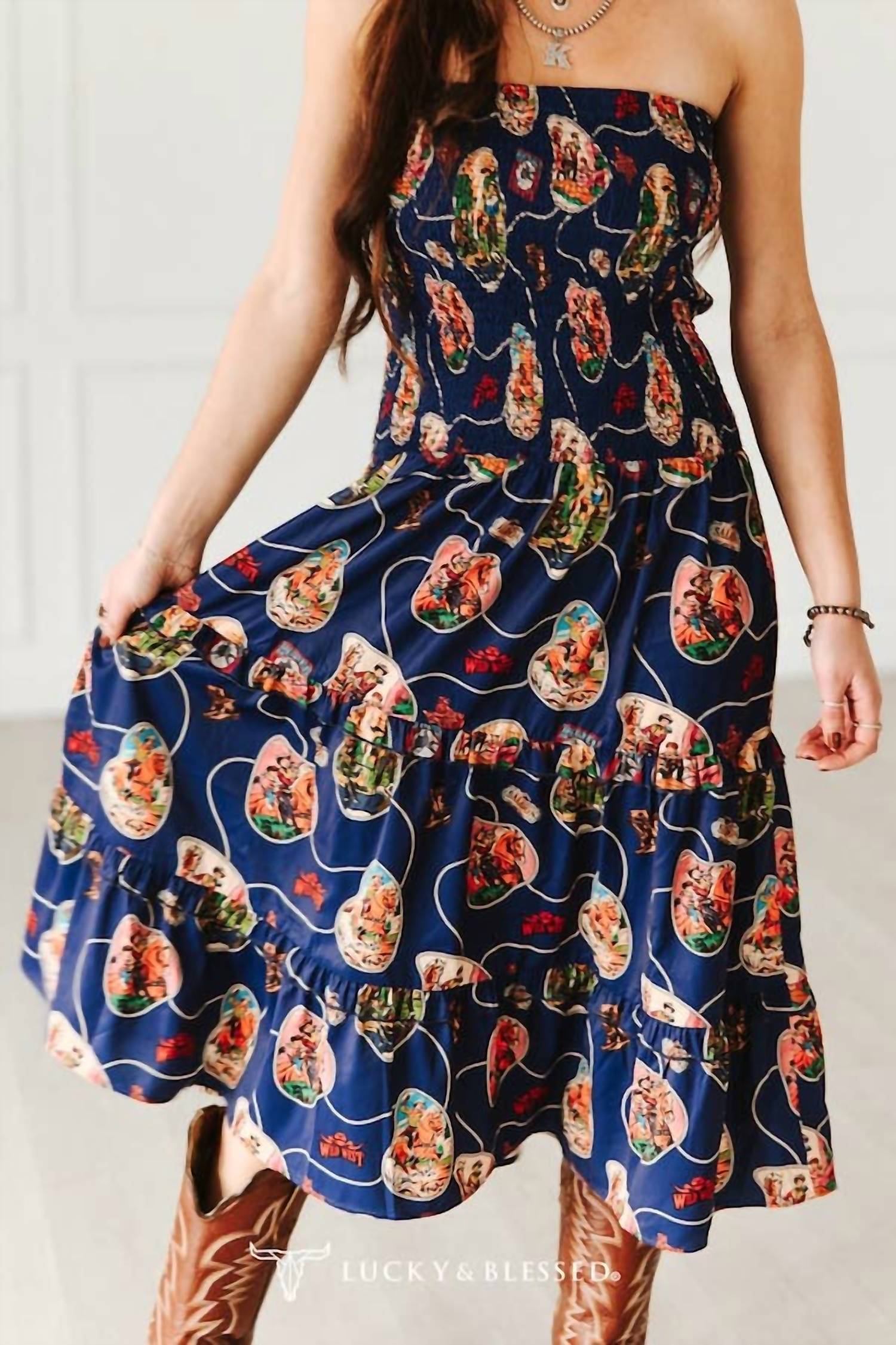 Lucky & Blessed - Western Print Smocked Maxi Dress