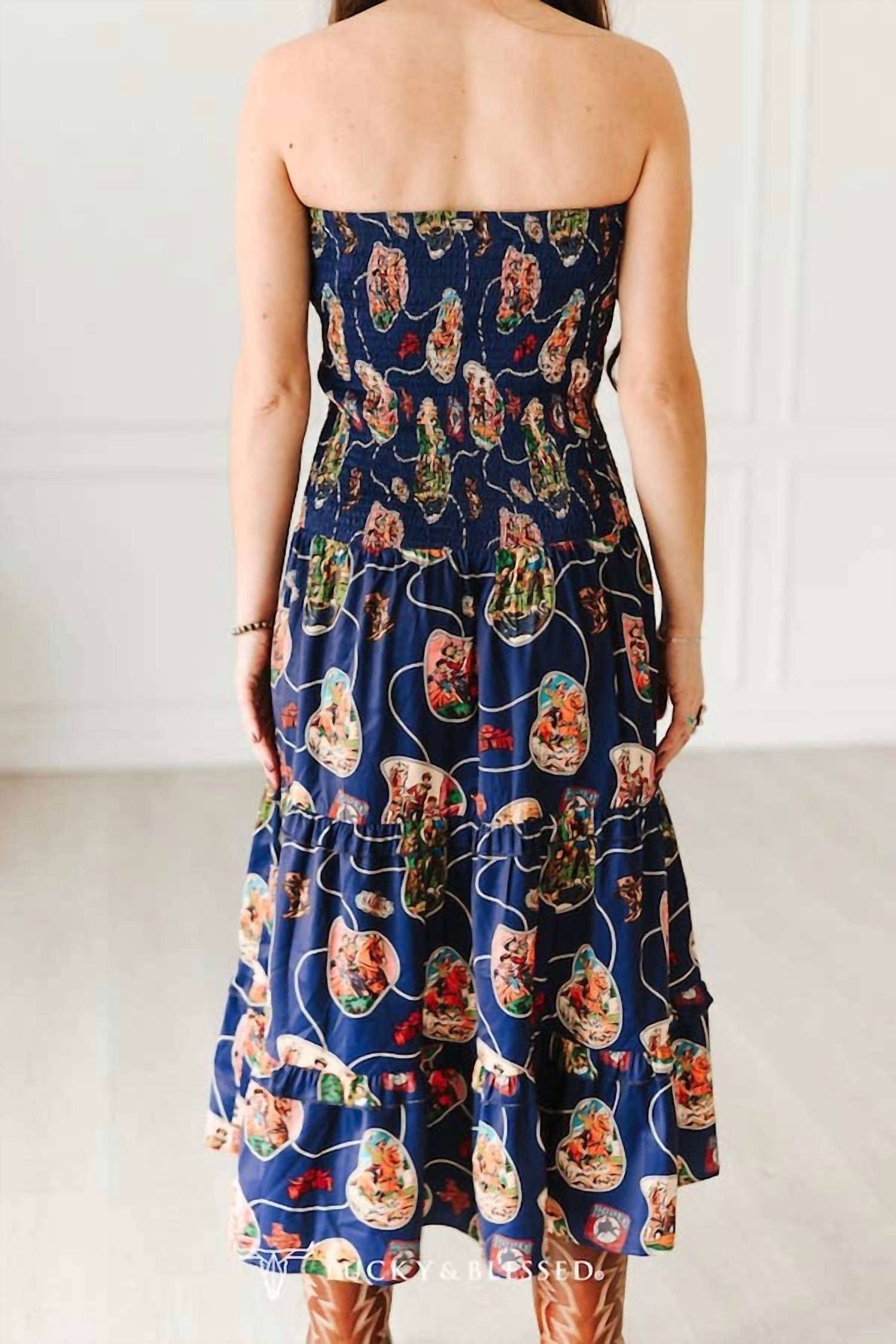 Lucky & Blessed - Western Print Smocked Maxi Dress